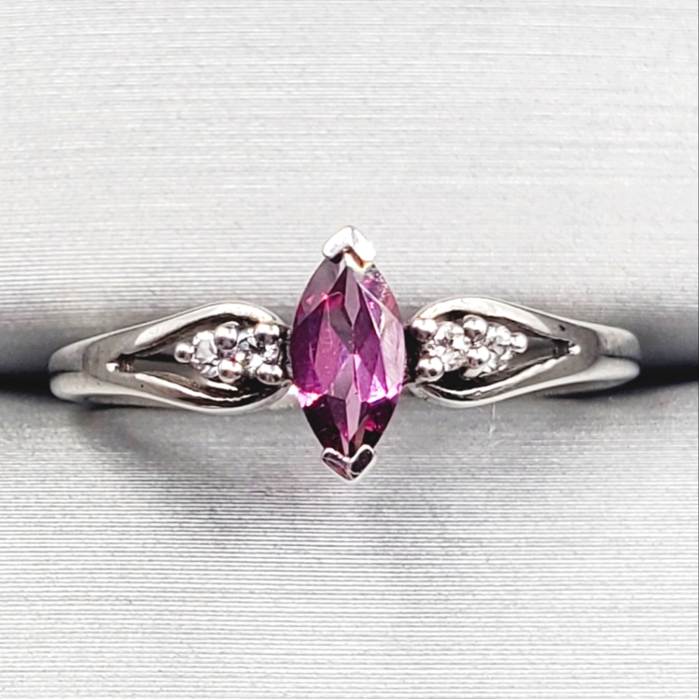 Genuine Marquise Amethyst & Round Zircon 925 Sterling Silver Dainty Ring